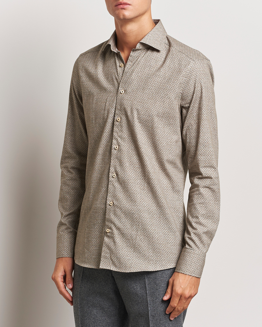 Herren | Hemden | Stenströms | Slimline Brushed Printed Cut Away Shirt Beige