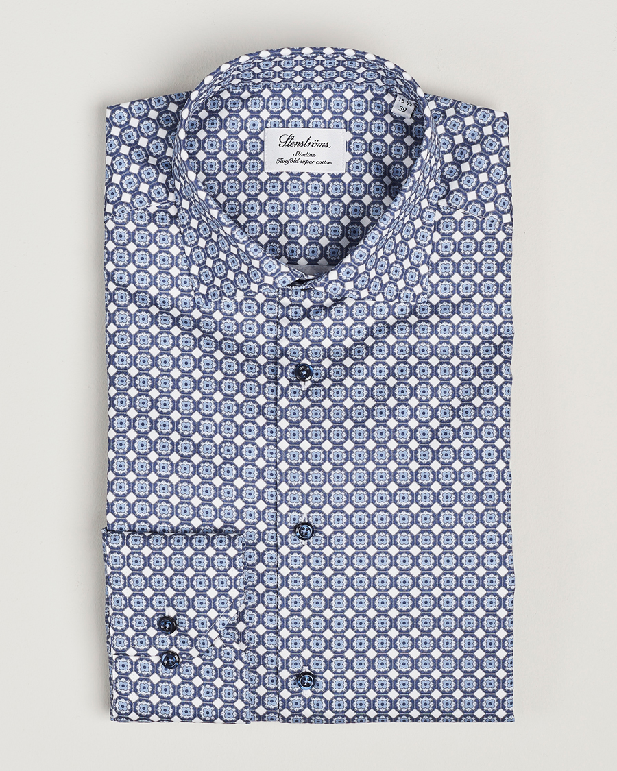 Herren | Hemden | Stenströms | Slimline Printed Twill Cut Away Shirt Blue