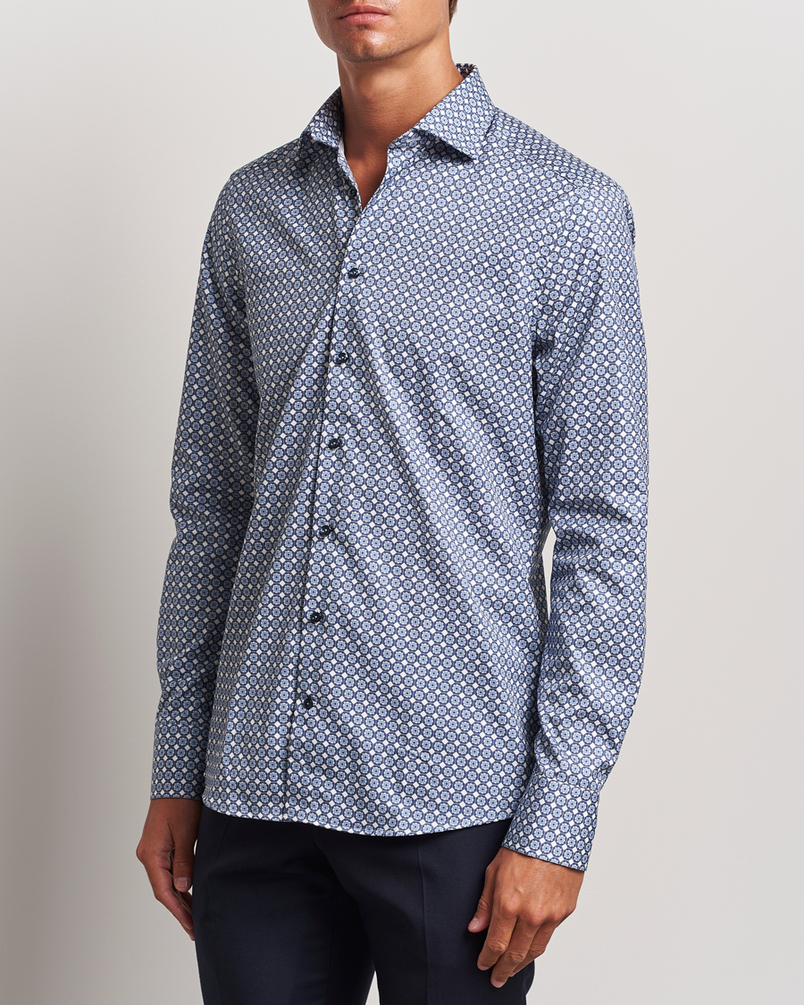 Herren | Hemden | Stenströms | Slimline Printed Twill Cut Away Shirt Blue