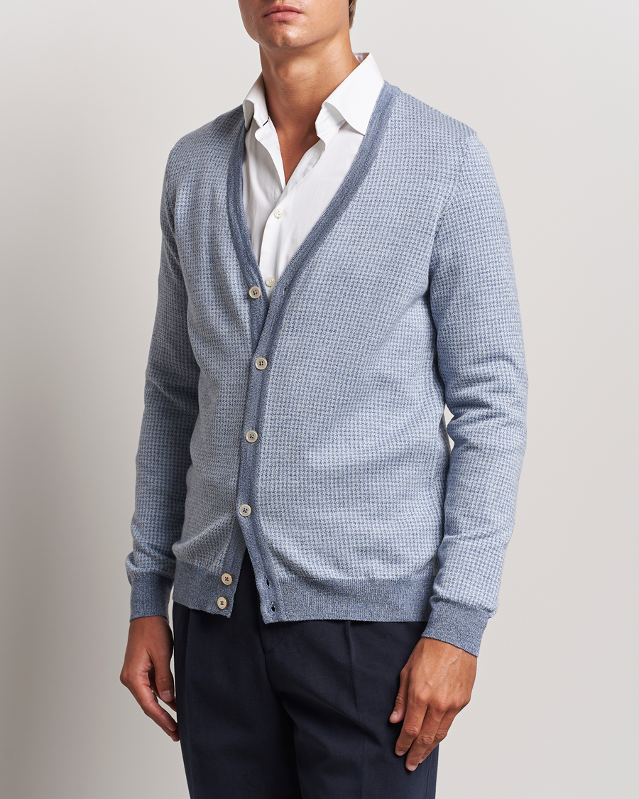 Herren | Pullover | Stenströms | Pepita Merino Wool Cardigan Navy