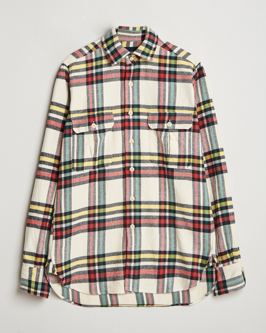 Herren | Hemden | Drake's | Brushed Cotton Work Shirt Ecru/Red/Green