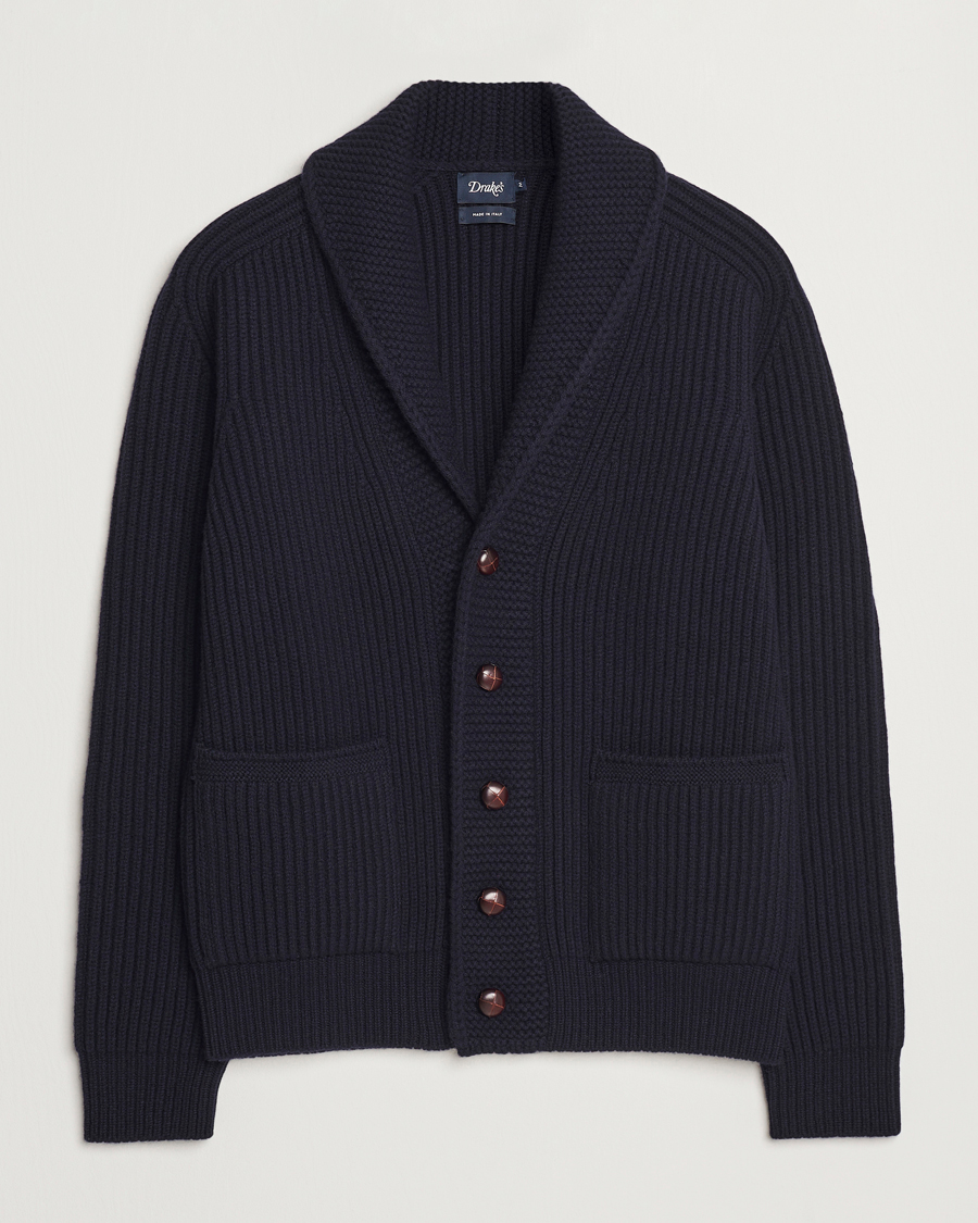 Herren | Pullover | Drake's | Lambswool 6-Ply Shawl Collar Cardigan Navy