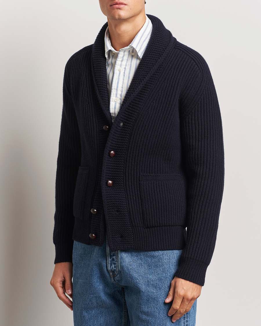 Herren | Pullover | Drake's | Lambswool 6-Ply Shawl Collar Cardigan Navy