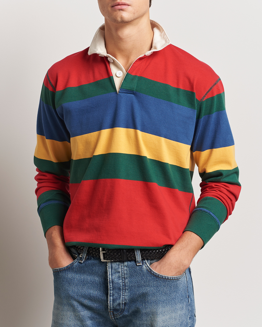 Herren | Pullover | Drake's | Multi Striped Rugby Shirt Red/Green/Blue