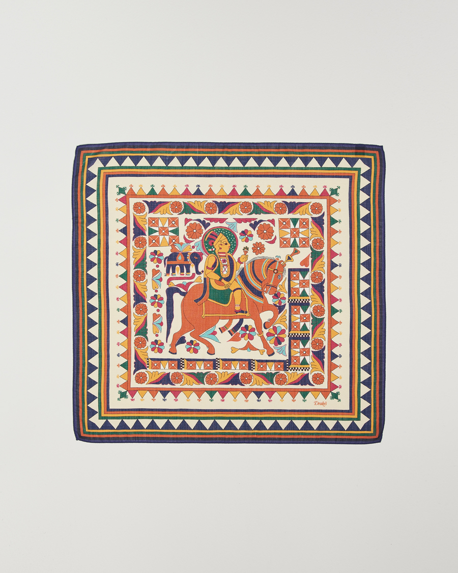 Herren | Drake's Maharaja Print Wool/Silk Bandana Navy/Yellow | Drake's | Maharaja Print Wool/Silk Bandana Navy/Yellow