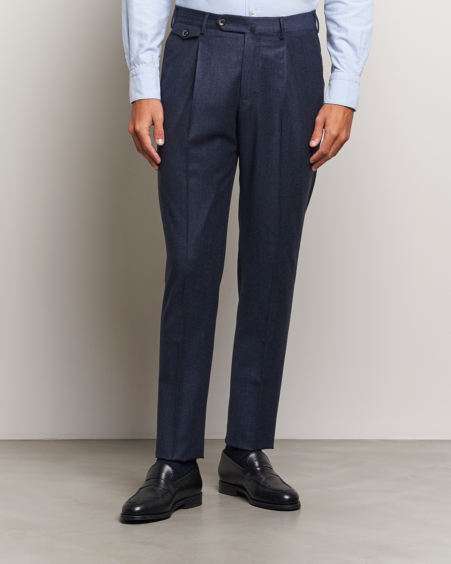 Herren | Hosen | PT01 | Slim Fit Pleated Houndstooth Flannel Trousers Navy