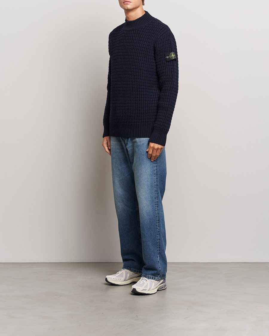 Herren | Pullover | Stone Island | Checkered Rib Stich Wool Mock Neck Navy Blue
