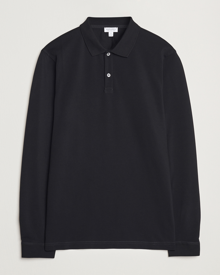 Herren | Pullover | Sunspel | Long Sleeve Pique Poloshirt Black