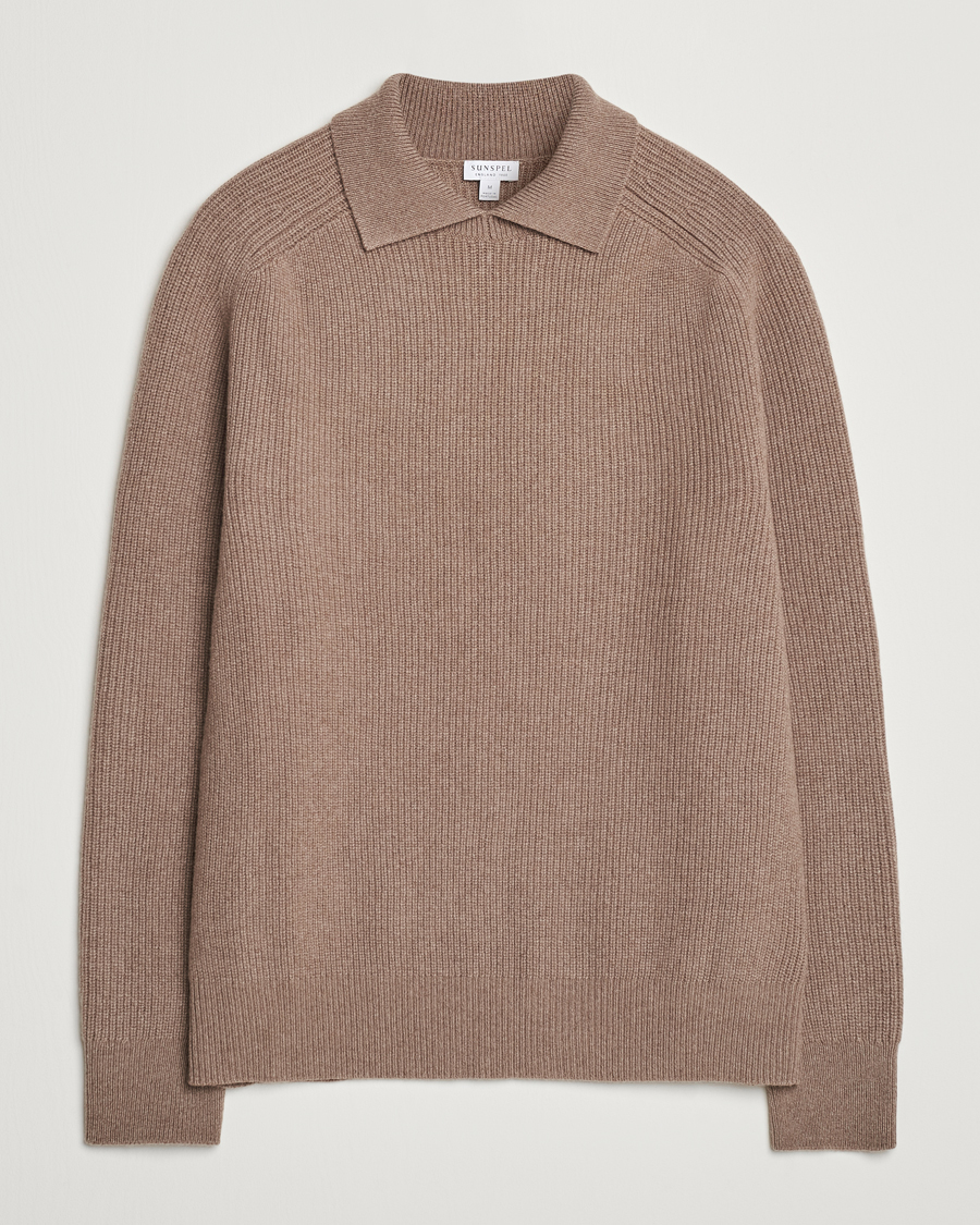 Herren | Pullover | Sunspel | Ribbed Wool/Cashmere Poloneck Sandstone