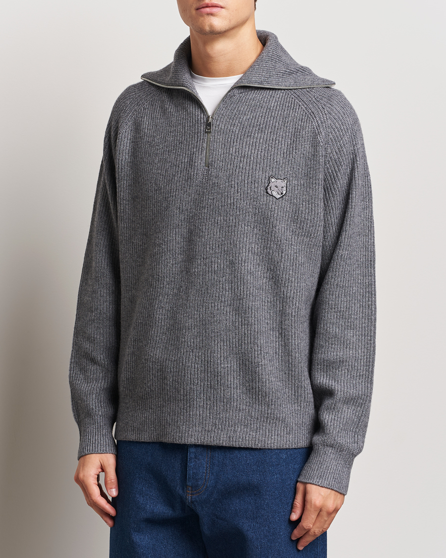 Herren | Pullover | Maison Kitsuné | Bold Fox Rib Knitted Half Zip Medium Grey Melange