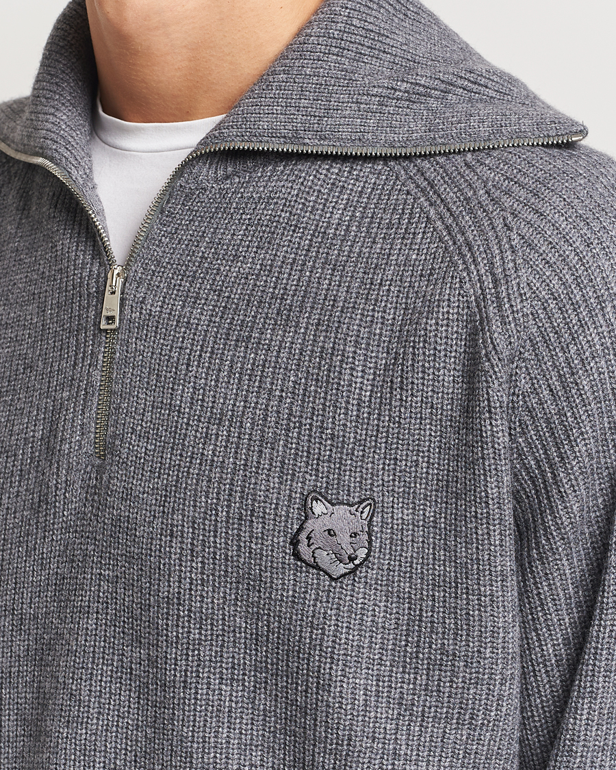 Herren | Pullover | Maison Kitsuné | Bold Fox Rib Knitted Half Zip Medium Grey Melange