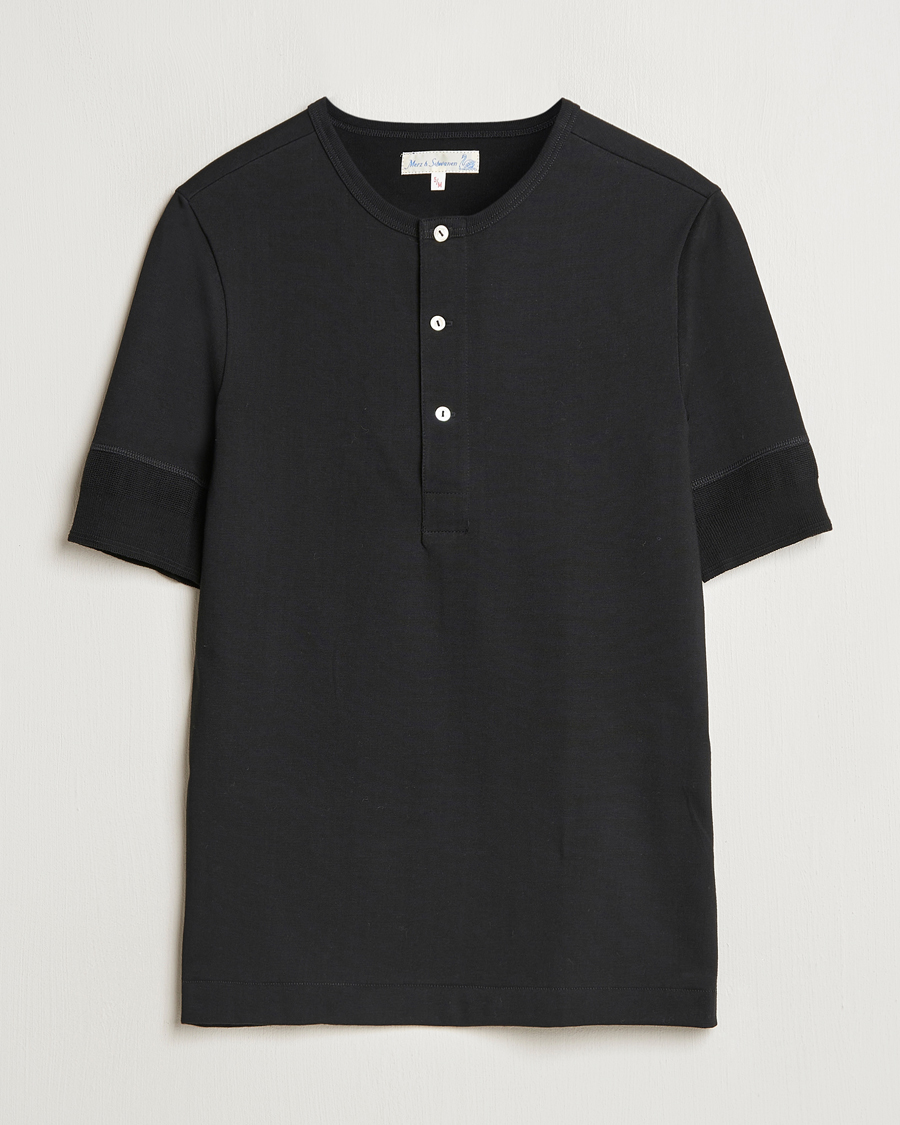 Herren | T-Shirts | Merz b. Schwanen | Short Sleeve Organic Cotton Henley Black