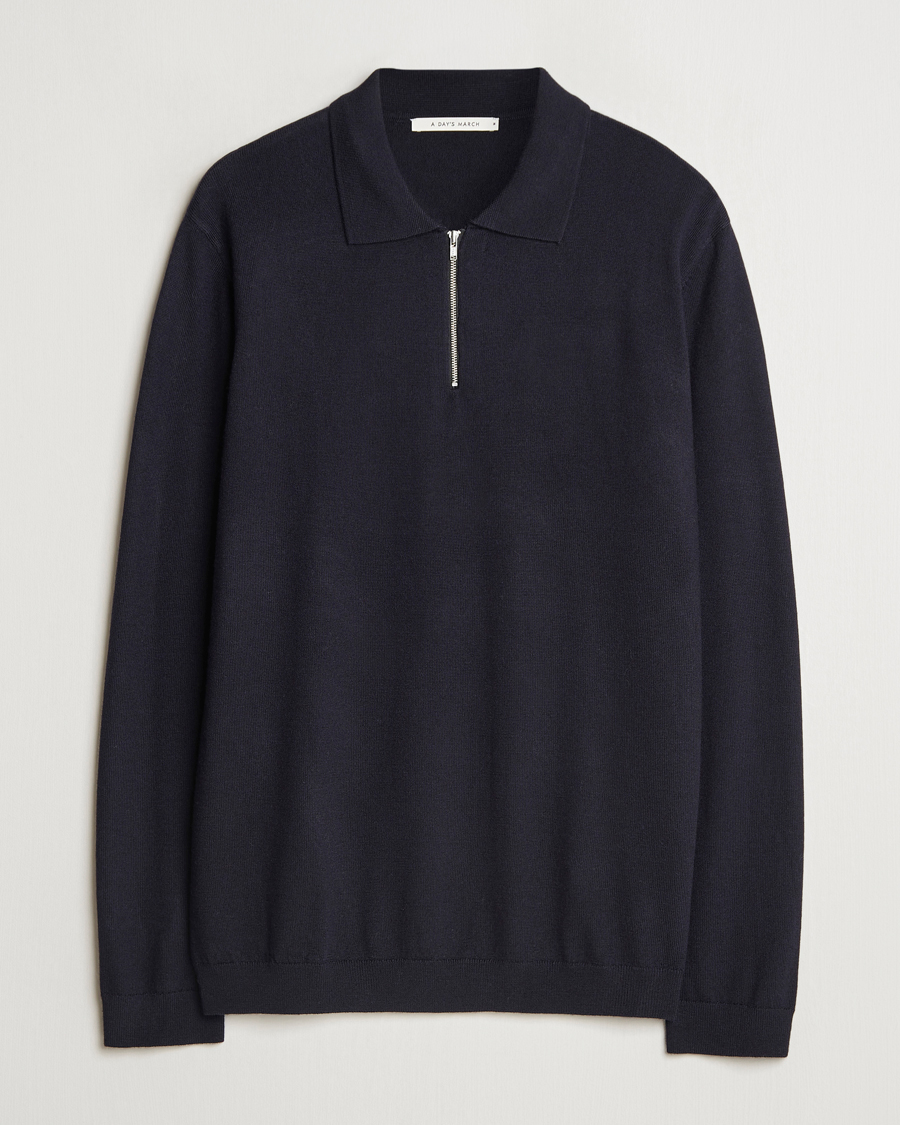 Herren | Pullover | A Day's March | Thompson Merino Half-Zip Polo Navy