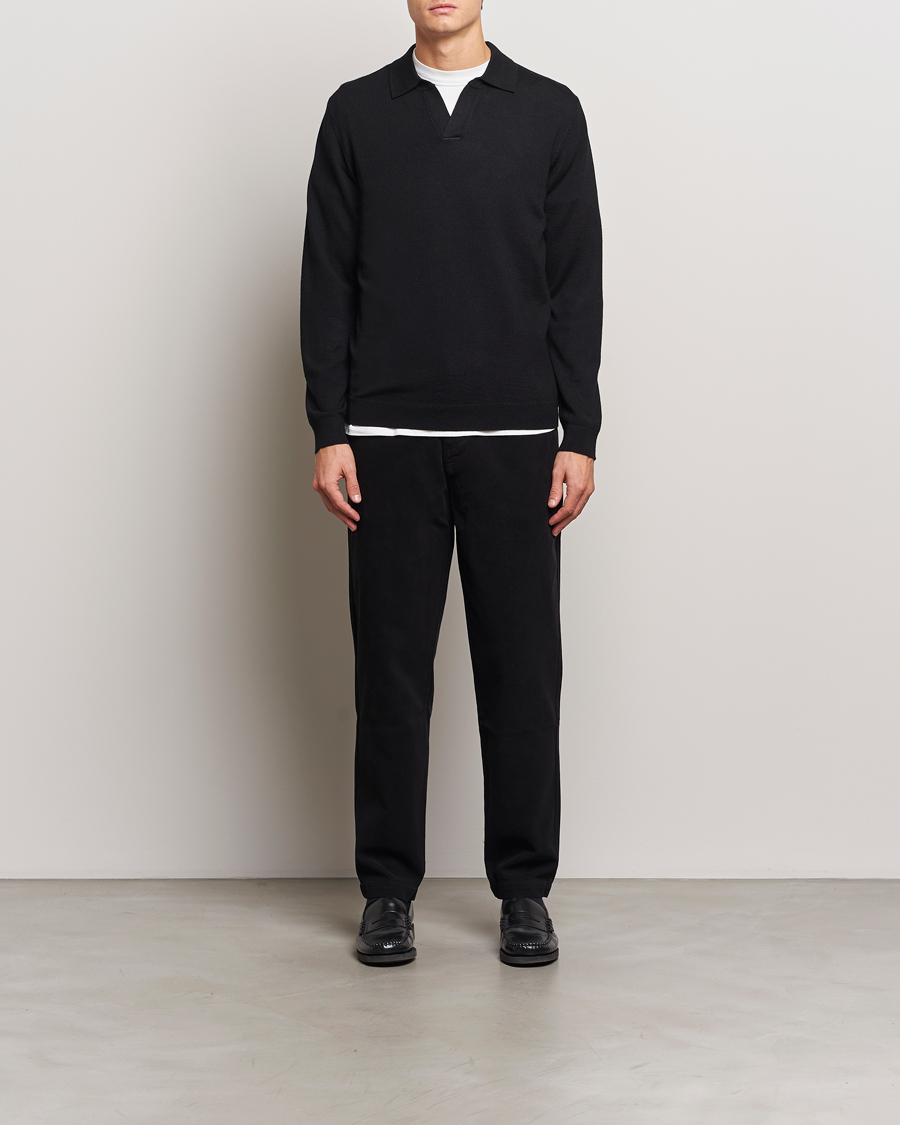 Herren | Pullover | A Day's March | Manol Open Collar Merino Polo Black