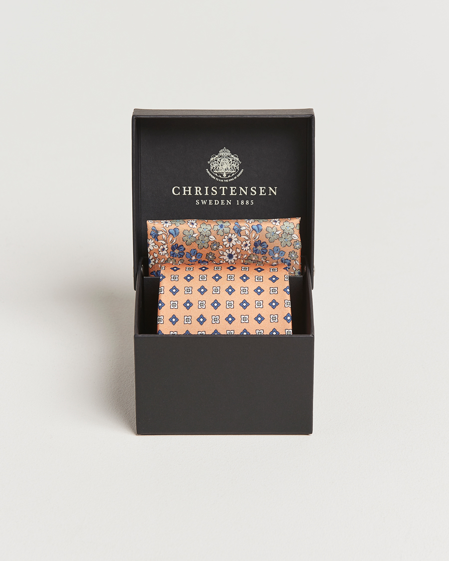 Herren | Amanda Christensen Box Set Printed Silk 8cm Tie With Pocket Square Orange | Amanda Christensen | Box Set Printed Silk 8cm Tie With Pocket Square Orange