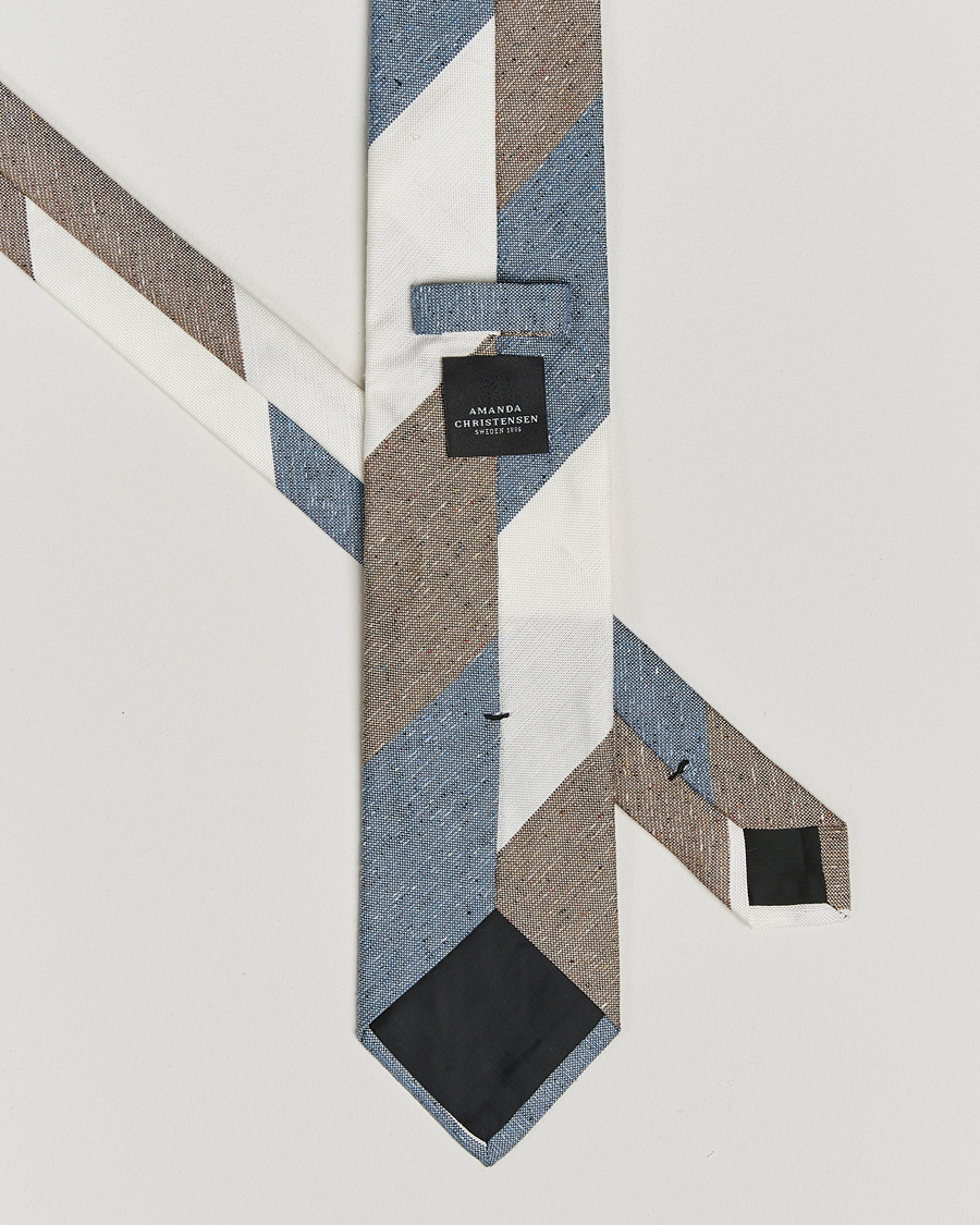 Herren | Amanda Christensen Silk/Linen Bourette Block Striped 8cm Tie White/Blue/Brown | Amanda Christensen | Silk/Linen Bourette Block Striped 8cm Tie White/Blue/Brown