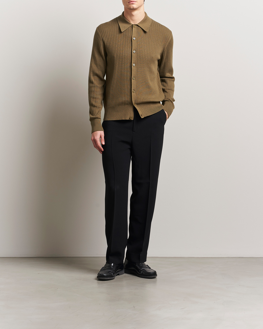 Herren | Pullover | Filippa K | Cotton Merino Ribbed Knitted Cardigan Olive Green