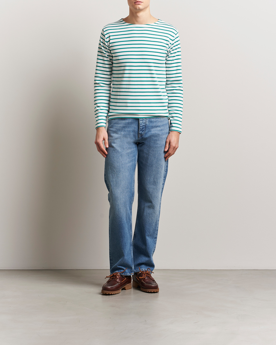 Herren | T-Shirts | Armor-lux | Houat Héritage Stripe Long Sleeve T-Shirt Milk/Deep Jungle