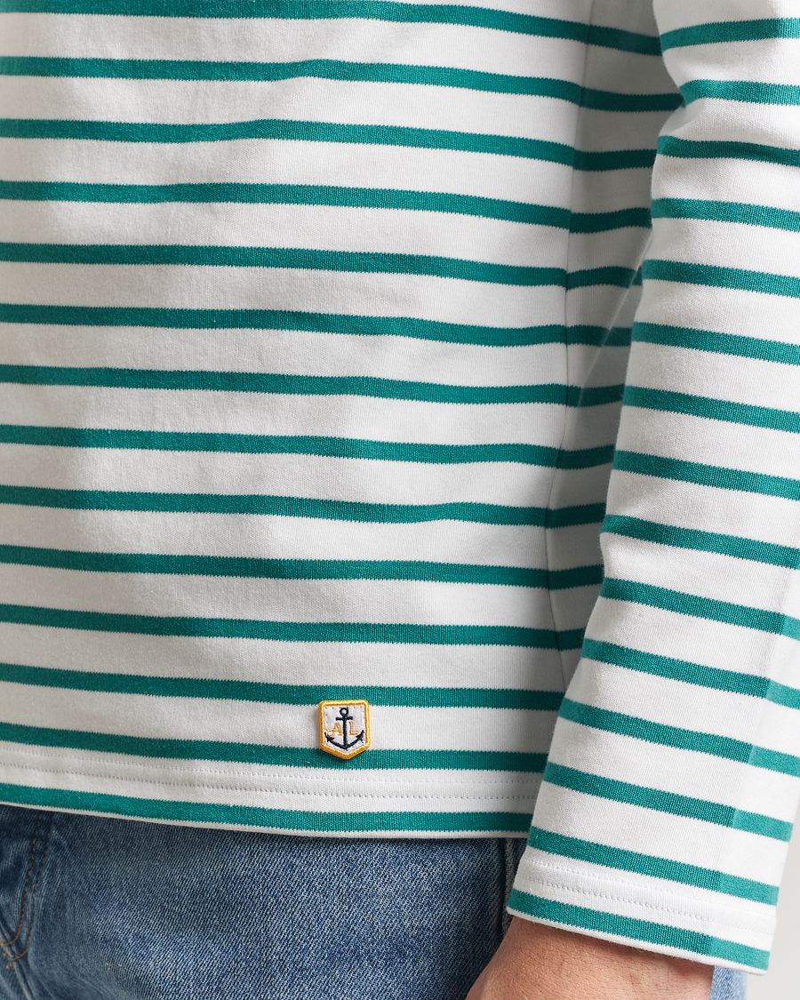 Herren | T-Shirts | Armor-lux | Houat Héritage Stripe Long Sleeve T-Shirt Milk/Deep Jungle