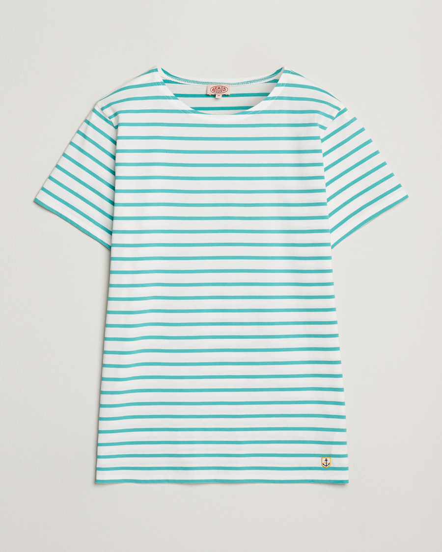 Herren | T-Shirts | Armor-lux | Hoëdic Boatneck Héritage Stripe T-shirt Milk/Laguna