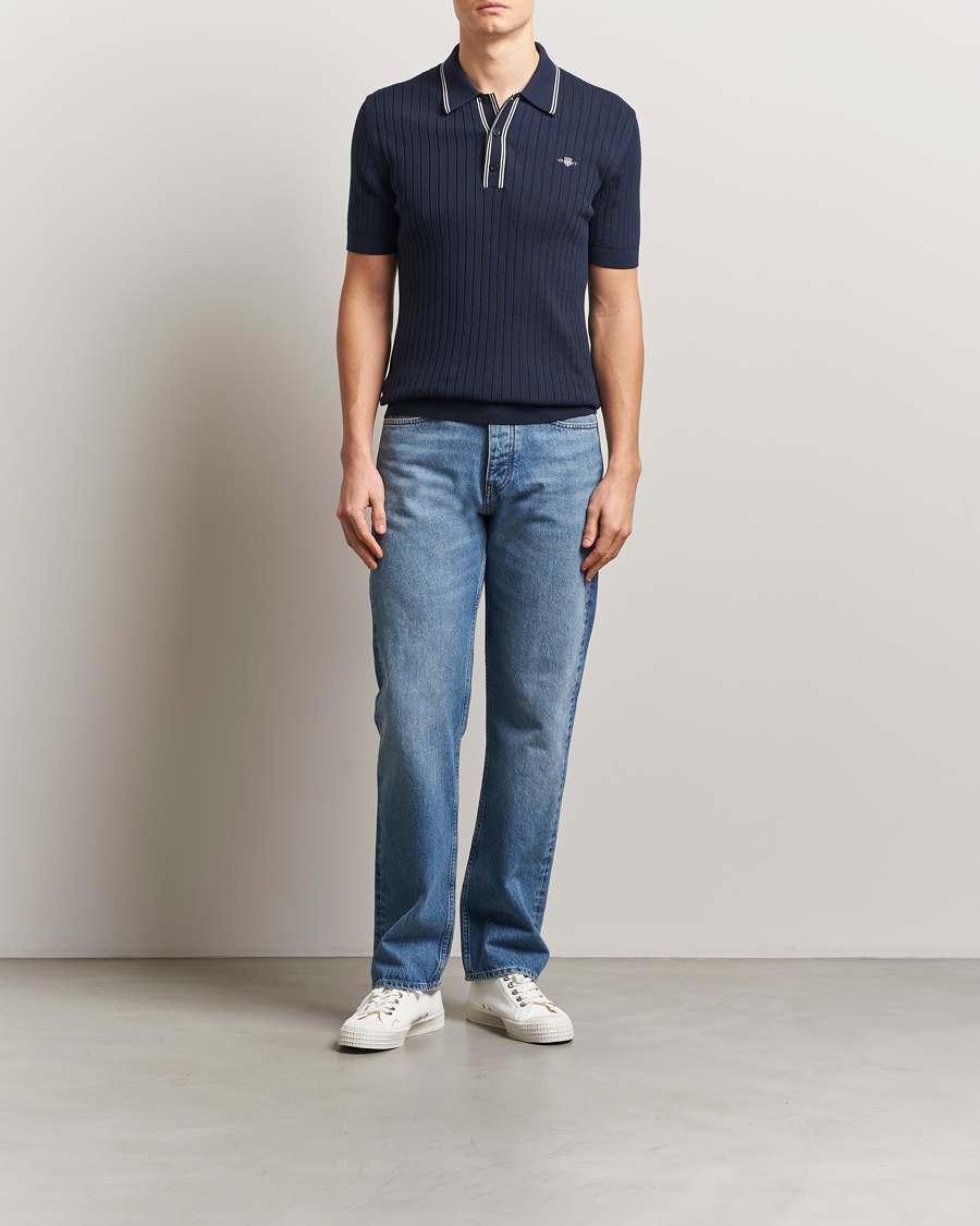 Herren | Poloshirts | GANT | Ribbed Cotton Knitted Polo Evening Blue
