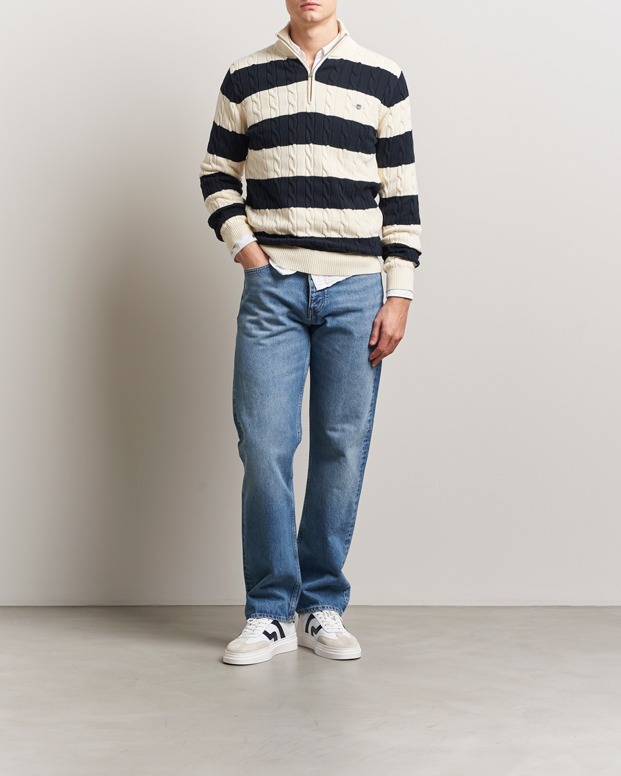 Herren | Pullover | GANT | Cotton Striped Cable Half Zip Evening Blue