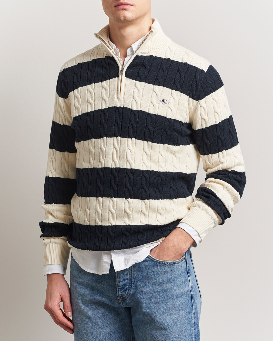 Herren | Pullover | GANT | Cotton Striped Cable Half Zip Evening Blue