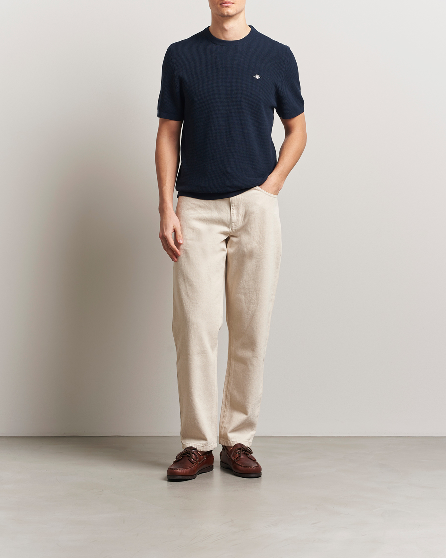 Herren | T-Shirts | GANT | Micro Textured Crew Neck T-shirt Evening Blue