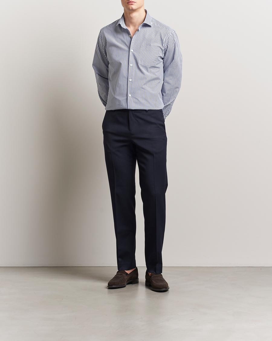 Herren | Hemden | Oscar Jacobson | Wide Spread Washed Stripe Shirt White/Blue