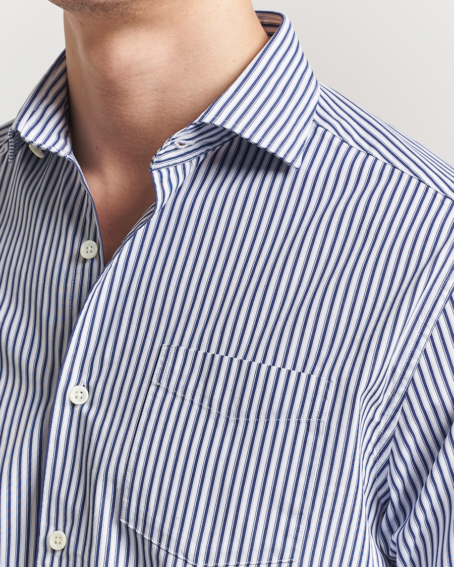 Herren | Hemden | Oscar Jacobson | Wide Spread Washed Stripe Shirt White/Blue