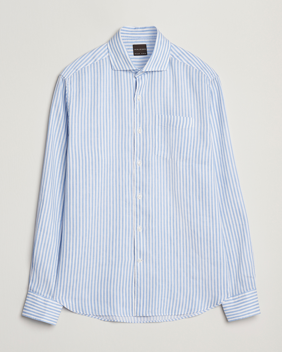 Herren | Hemden | Oscar Jacobson | Wide Spread Linen/Cotton Venetian Stripe Shirt Blue