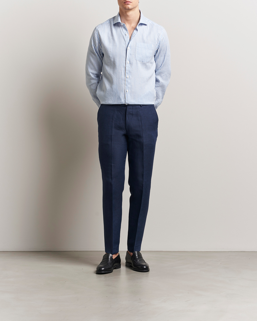 Herren | Hemden | Oscar Jacobson | Wide Spread Linen/Cotton Venetian Stripe Shirt Blue