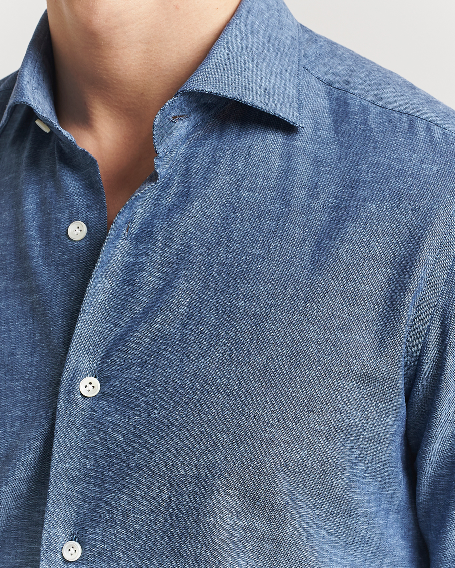 Herren | Hemden | Mazzarelli | Soft Linen Cut Away Shirt Dark Blue