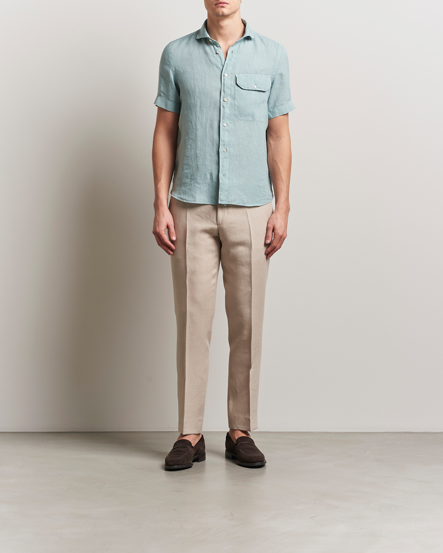 Herren | Hemden | Finamore Napoli | Linen Short Sleeve Sport Shirt Teal