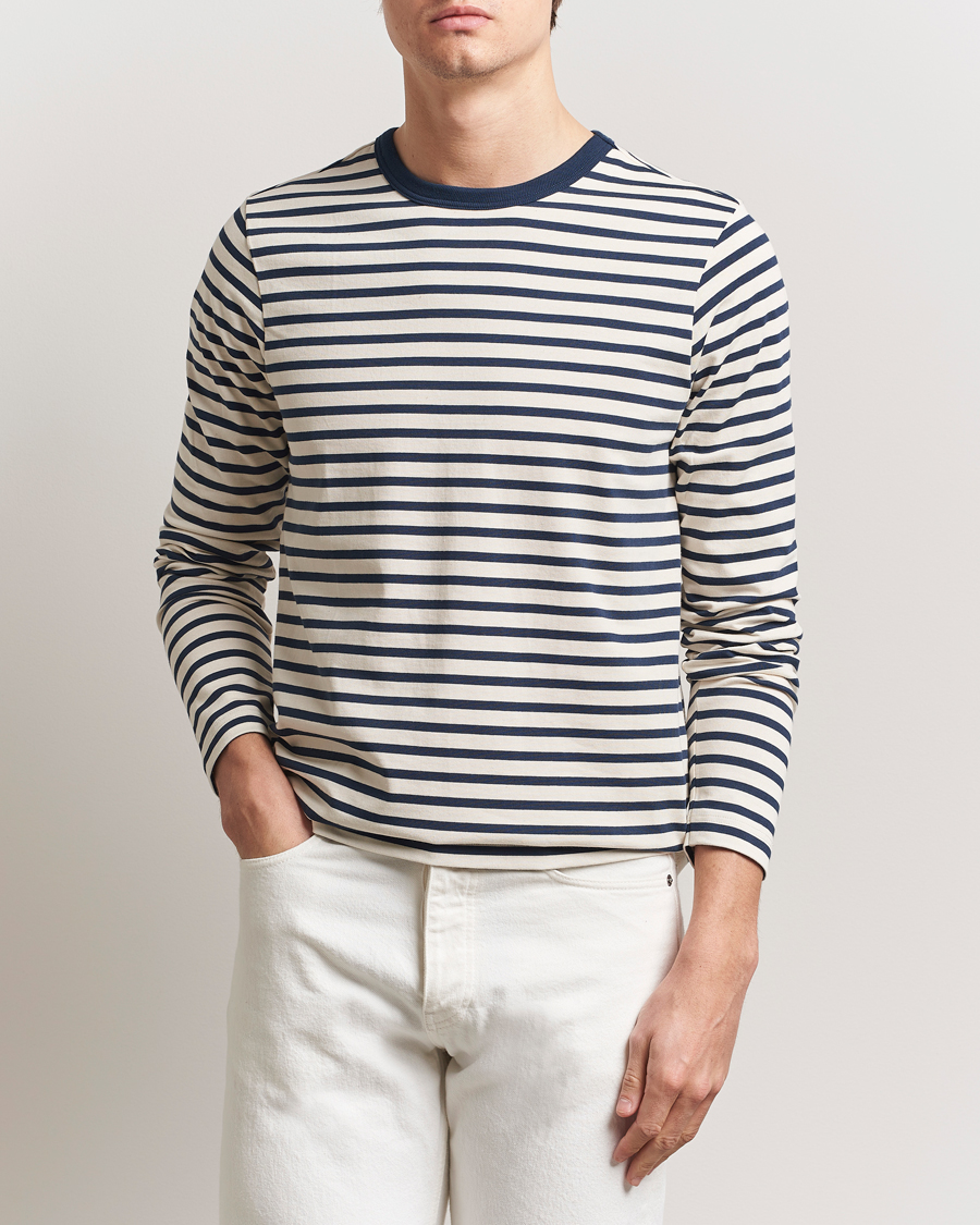 Herren | T-Shirts | Merz b. Schwanen | Relaxed Fit Striped Long Sleeve T-Shirt Ink/Nature