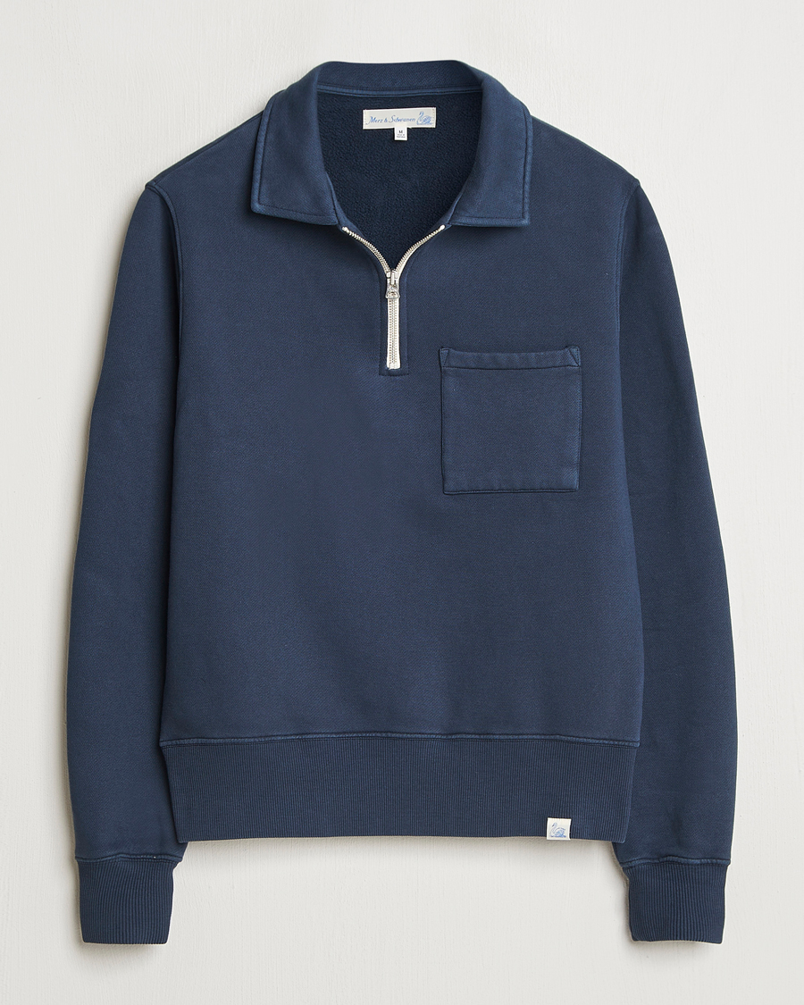 Herren | Pullover | Merz b. Schwanen | Relaxed Fit Vintage Fleece Half Zip Sweat Denim Blue