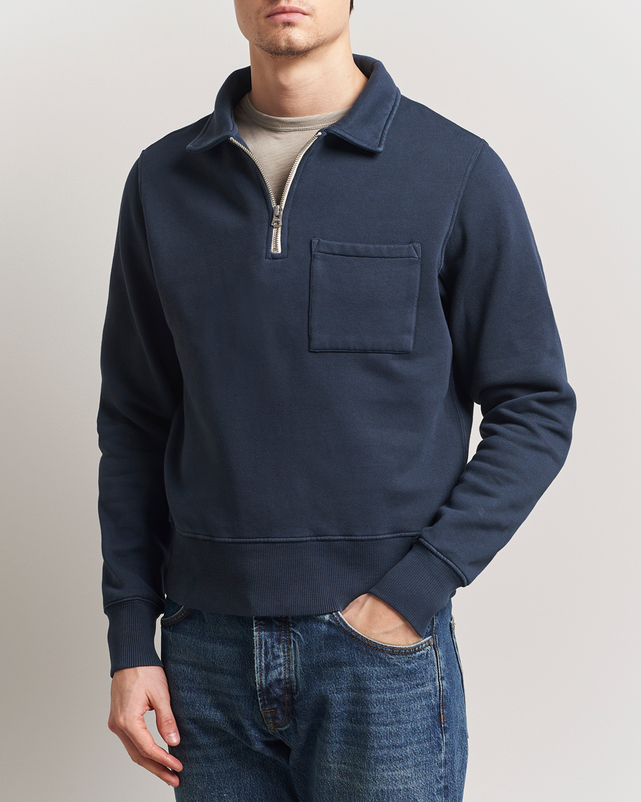 Herren | Pullover | Merz b. Schwanen | Relaxed Fit Vintage Fleece Half Zip Sweat Denim Blue