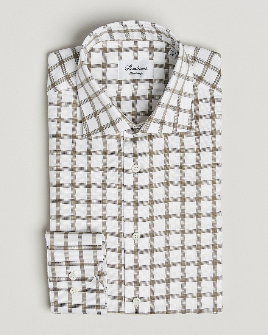 Herren | Hemden | Stenströms | Fitted Body Checked Cut Away Shirt Taupe/White