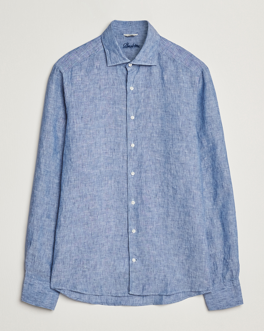 Herren | Hemden | Stenströms | Slimline Cut Away Linen Shirt Mid Blue