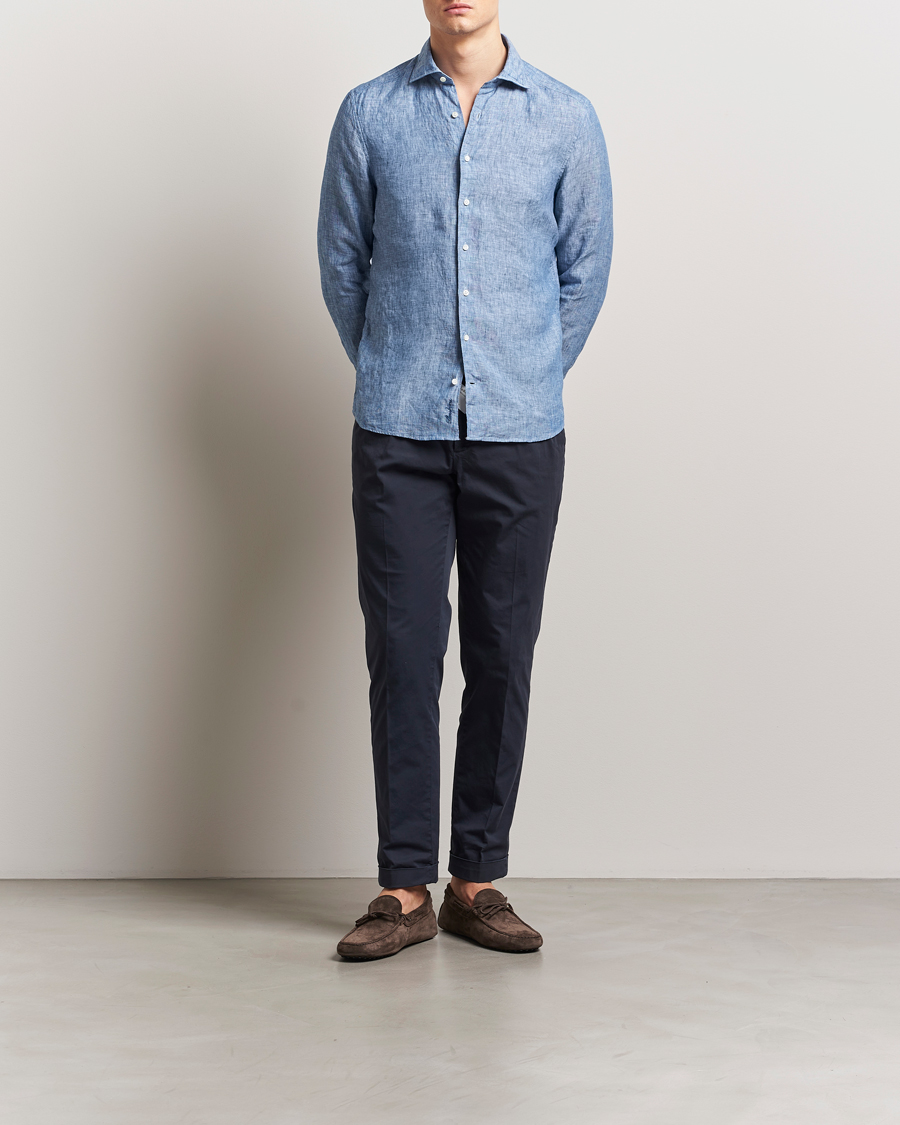 Herren | Hemden | Stenströms | Slimline Cut Away Linen Shirt Mid Blue