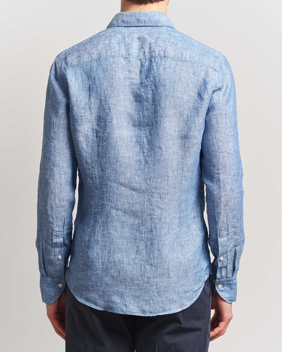 Herren | Hemden | Stenströms | Slimline Cut Away Linen Shirt Mid Blue