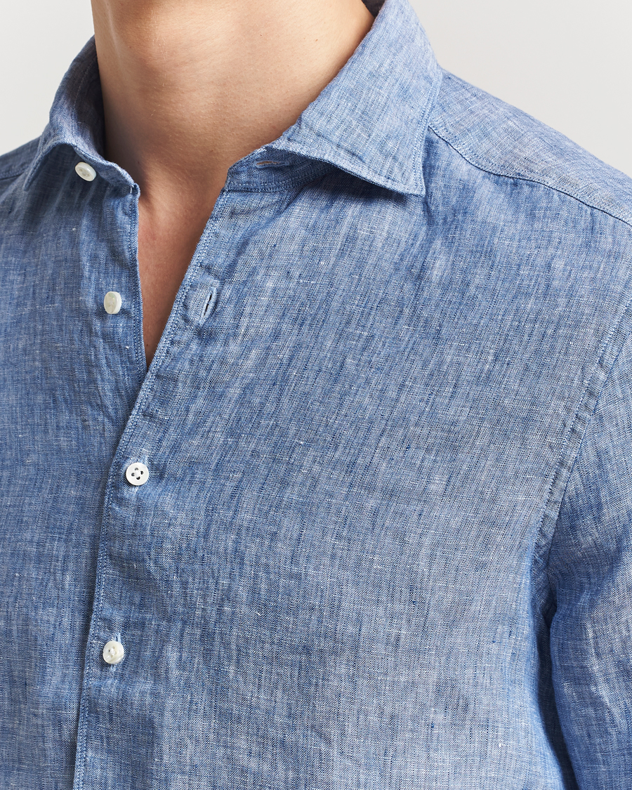 Herren | Hemden | Stenströms | Slimline Cut Away Linen Shirt Mid Blue