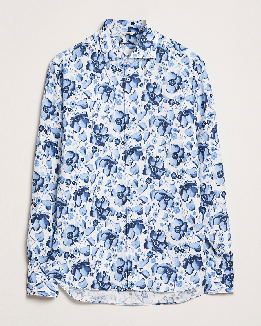 Herren | Hemden | Stenströms | Fitted Body Flower Printed Linen Shirt Blue