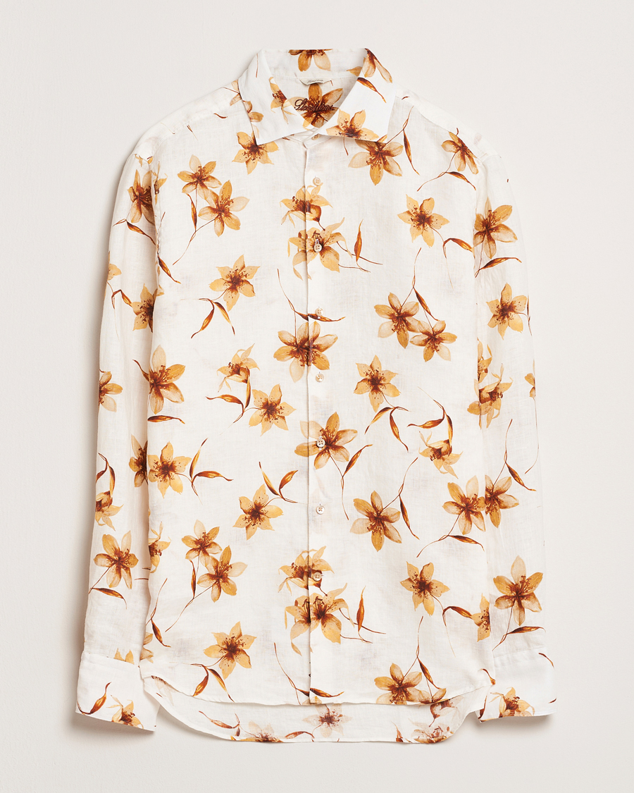 Herren | Hemden | Stenströms | Fitted Body Flower Printed Linen Shirt White