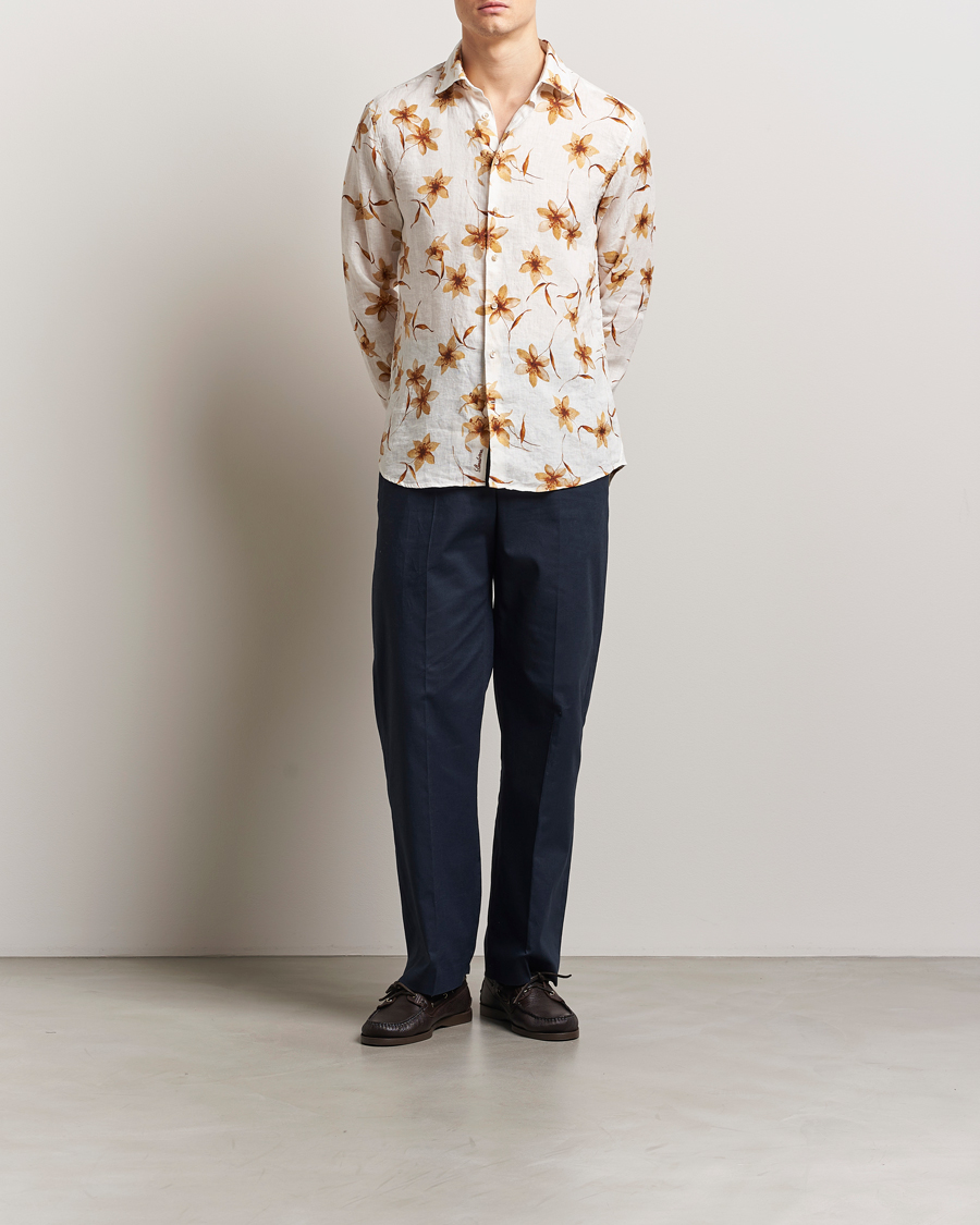 Herren | Hemden | Stenströms | Fitted Body Flower Printed Linen Shirt White