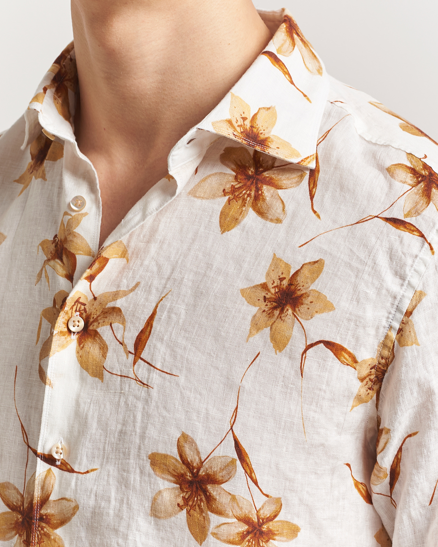 Herren | Hemden | Stenströms | Fitted Body Flower Printed Linen Shirt White