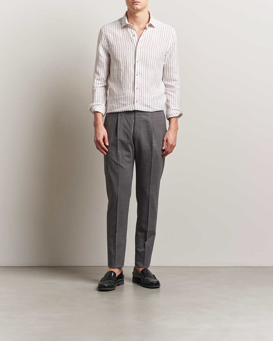 Herren | Hemden | Stenströms | Slimline Striped Linen Shirt White/Brown