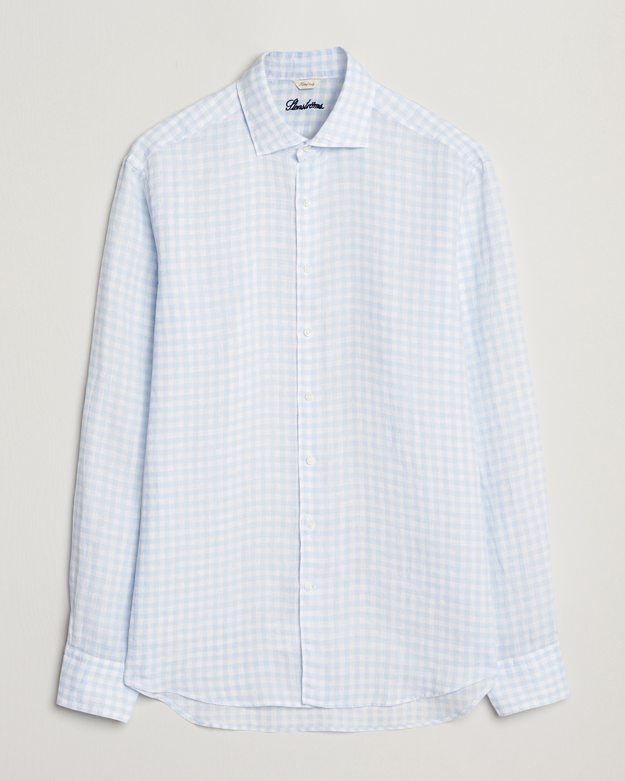 Herren | Hemden | Stenströms | Fitted Body Checked Linen Shirt Blue