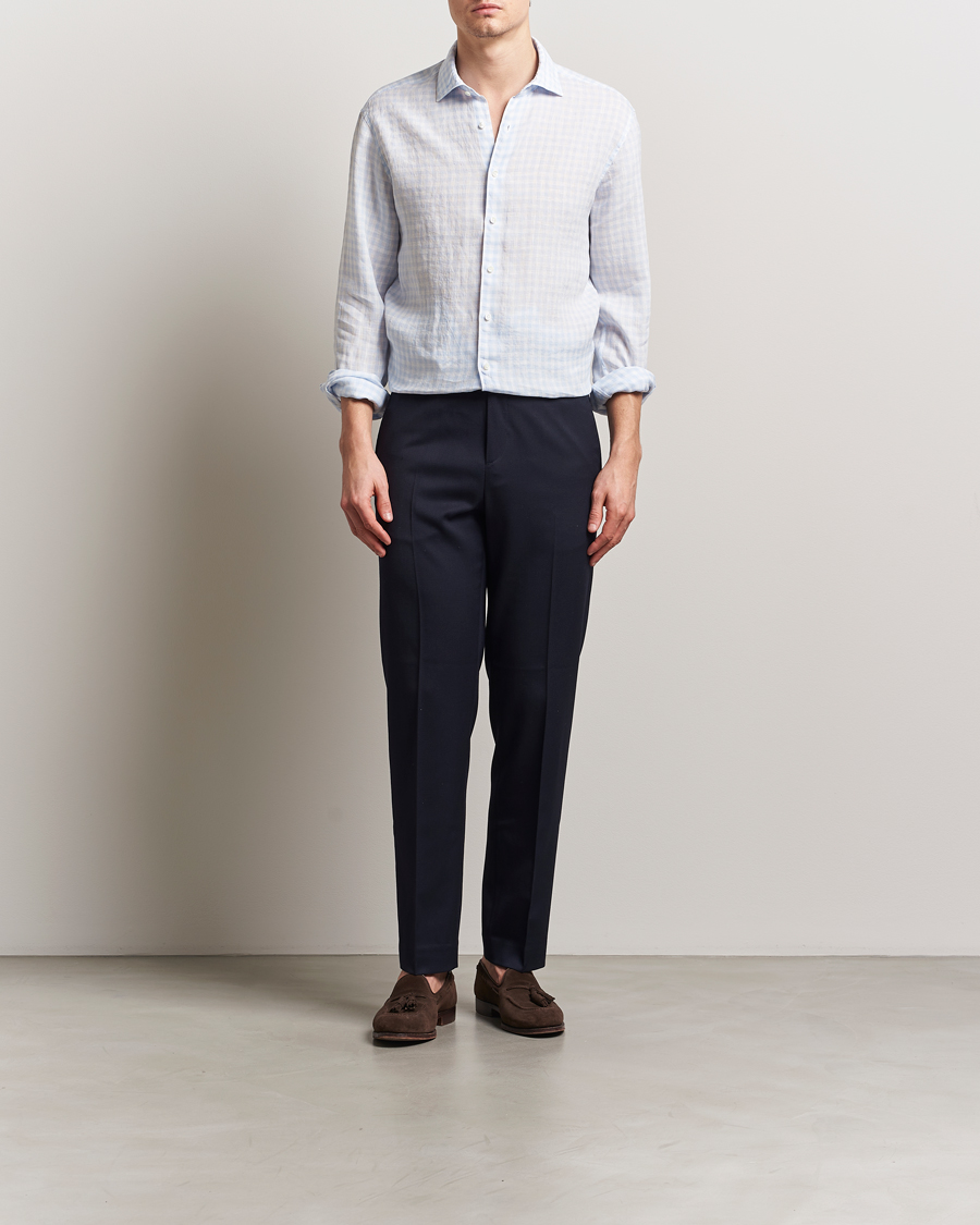 Herren | Hemden | Stenströms | Fitted Body Checked Linen Shirt Blue