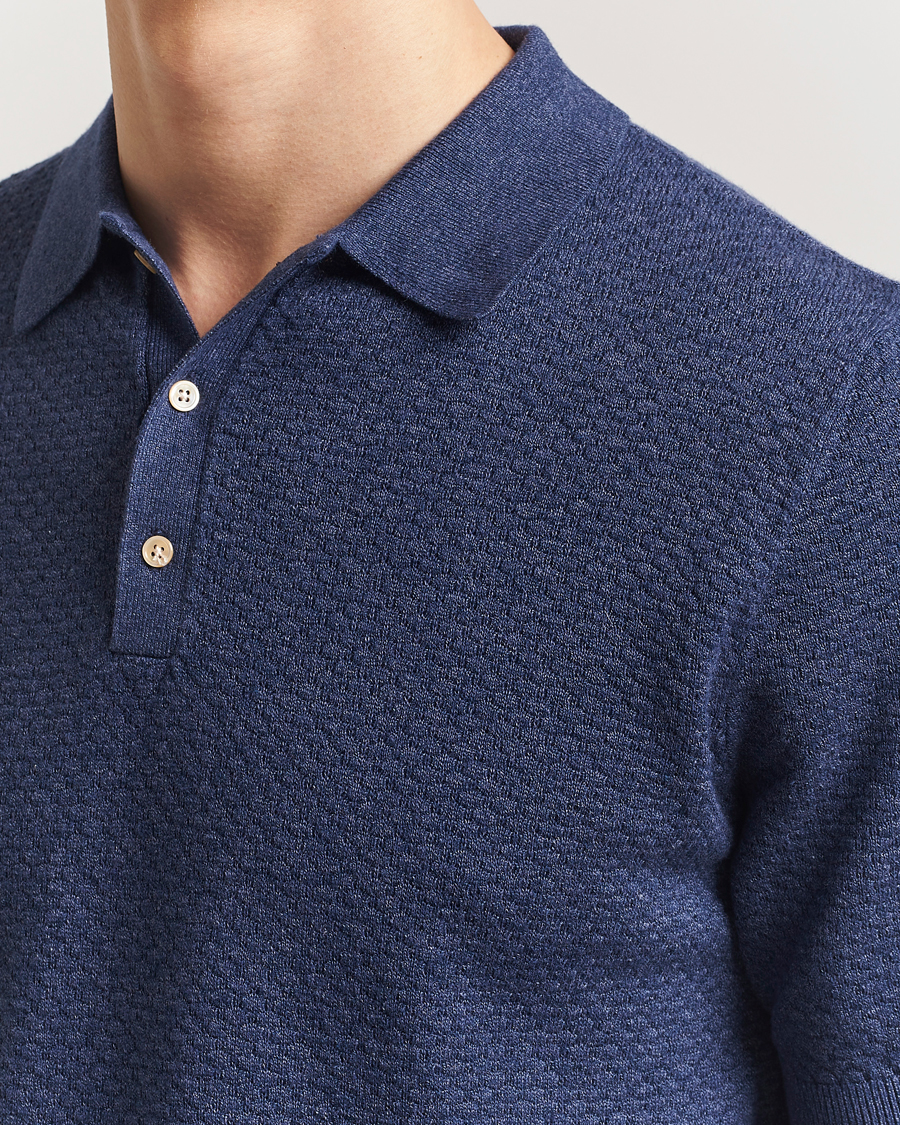 Herren | Poloshirts | Stenströms | Knitted Textured Cotton/Hemp Polo Navy